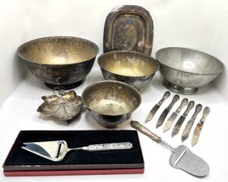 Vintage Silver Plate & Pewter Bowls, Tray, Knives & Cheese Knives (14 Pieces)
Lot #: 174