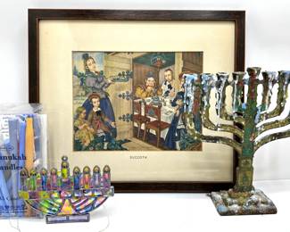 Succoth Print, Metal Chanukah Menorah, Menonrah Window Hanging & Extra Candles
Lot #: 90