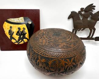 Vintage Large Hand Carved Peruvian Gourd, Greek Mounted Pottery Fragment & Native American Iron Wall Hook
Lot #: 55