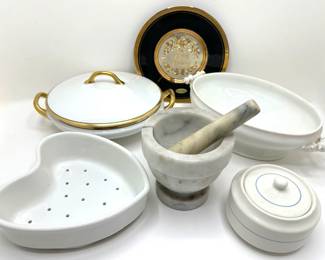 Marble Mortar & Pestle, Berry Dish, Serving Dishes, Sugar Bowl & Plate With 24K Gold Accents
Lot #: 106