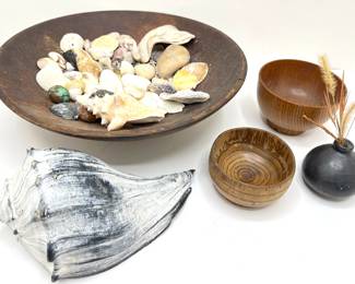 3 Vintage Wooden Bowls, Shells & Small Vase
Lot #: 120