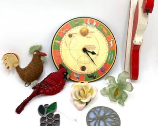 Zodiac Wall Clock, Wood Bird Wall Hook, Felt Birds, Glass & Ceramic Flowers & More
Lot #: 178