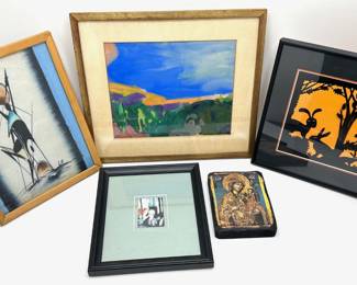 Pat Berger Original Landscape Painting, Die Cut Rabbits, Silk Painting, Religious Print & Small Portrait
Lot #: 182