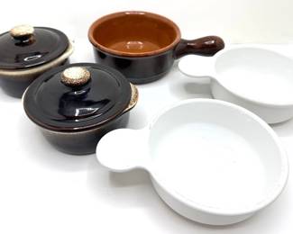 2 Vintage Pfaltzgraff Brown Drip Covered Soup Bowls & Vulcania Terracotta Baking Dish & 2 White Handled Bowls
Lot #: 131