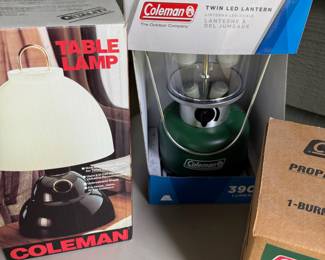 Coleman Battery Operated Camping Table Lamp, Coleman 390 Lumens Battery Operated Camping Lantern, Coleman Single Burner Camping Stove