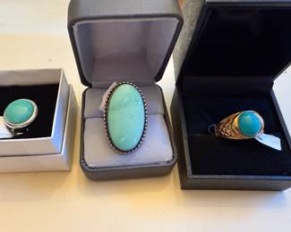 Cyan Glass Silver Tone Ring, Silver Tone Statement Ring with Turquoise-Colored Stone, Gold Tone Statement Ring with Turquoise-Colored Stone