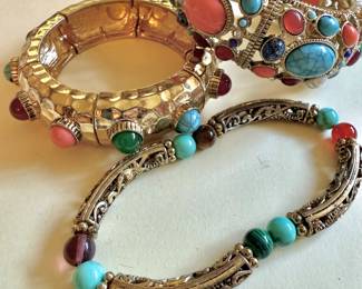 Robert Graziano Gold Tone/Faux Gemstones Stretch Bangle Bracelets, Silver Tone Filigree Beaded Bangle Bracelet