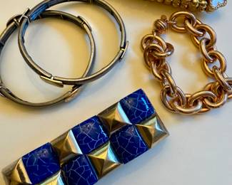 Pair of Two Tone Metal Stretch Bracelet, Blue Tile Studded Bracelet, Rose Gold Tone Link Bracelet, Gold Tone White Cross Bracelet