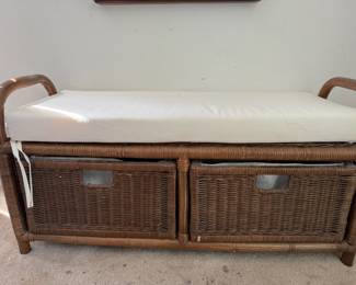 2 Drawer Wicker Storage Bench with White Linen Cushion