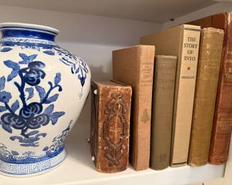 Blue and White Floral Pattern Vase, Antique Leather Bound Photo Album, Ramona by Helen Hunt Jackson, The Story of Inyo by W.A. Chalfan, Dedication of Monument to Iowa Soldiers