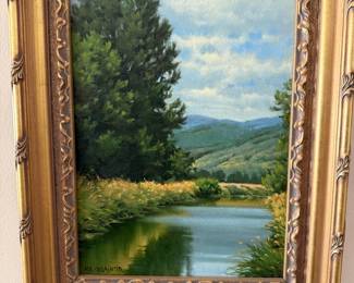 Framed Landscape Scene with a Serene River Oil Painting by Mr. Carpenter