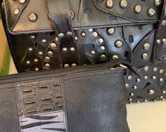 Patricia Nash Black Leather Studded Purse, Black Animal Print Patchwork Purse