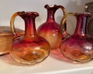 Set of 3 Red and Yellow Amberina Glass Cruets