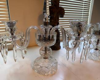 Pair of Double Arm Glass Candelabra Candle Holder with Drop Prisms
