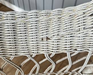 R33 - $50 - White Wicker Rocking Chair - Small dime sized hole in right arm rest, see other photos.