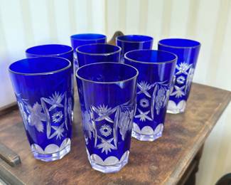 R1 - $200 - Cobalt Blue Cut to Crystal Highball Glasses (8)