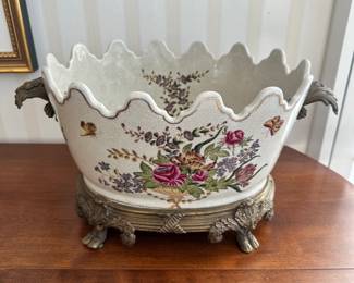 R24 - $225 - Wong Lee Hand Painted Porcelain Indoor Planter. 12"W x 9T