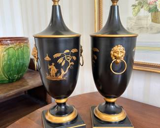 R53 - $300 PAIR. Italian Toleware Urns - 17"Tall