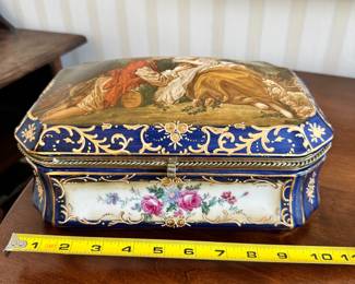 R65 - $95 - French Sevres Style Painted Porcelain and Gilt Brass Box