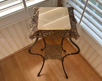 R25 - $100 - Victorian Brass & Onyx Plant Stand - Measures 12 x 12 x 31