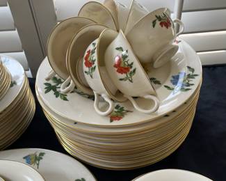 R5 - $195 - Castleton "Ma Lin" China set. In good condition. No cracks or chips! Includes: 14 Dinner Plates, 12 Salad Plates, 8 Bread Plates, 8 Tea cups, 10 saucers, Lg Platter, Veggie Bowl, Sauce Bowl 