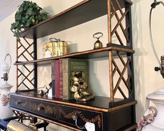 R48 - $150 - Chelsea House Black Lacquer and Gold hanging shelves . Measures 35" wide x 8" deep x 31.5" tall.
