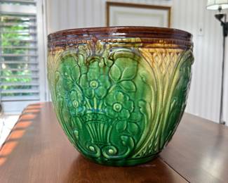 R22 - $50 - Green, Brown and Yellow Jardiniere Ceramic Planter - 14"