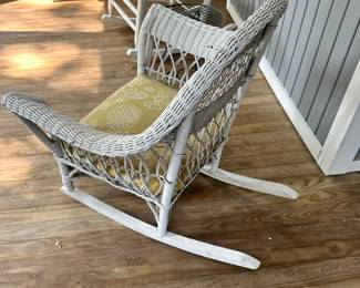 R33 - $50 - White Wicker Rocking Chair - Small dime sized hole in right arm rest, see other photos.