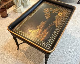 R130 - $400 - Black & Gold Chinoiserie Style Coffee Tray Table. 36"W x 26"D x 21"T