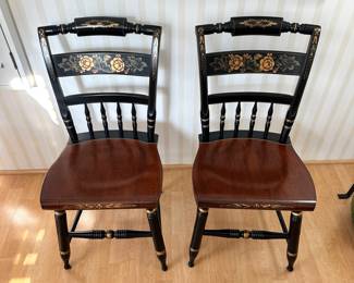 R21 - $225 for the pair - L. Hitchcock Floral Painted Chairs. Heavy and sturdy. Chairs in like new condition.