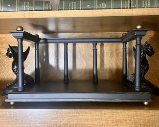 R120 - $200 - Large vintage ornate metal and wood footed tray / book caddy. Retailed $400.
