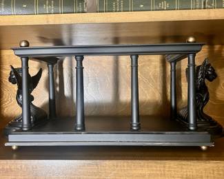 R120 - $200 - Large vintage ornate metal and wood footed tray / book caddy. Retailed $400.