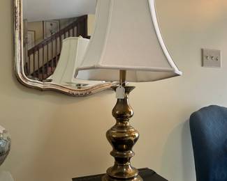 R111 - $50 - Stiffel Brass Table Lamp. Shade is in good condition. Could be cleaned or replaced.  Measures 28"T