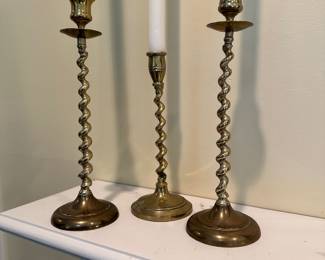 R43 - $60 - (3) 19th Century Brass Barley Twist Candlesticks