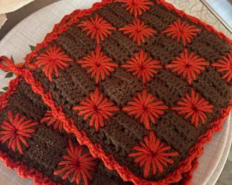Pair of Brown and Red Crocheted Pot Holders