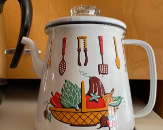 1960s Retro Enameled Percolator with Fun Kitchen Motif 
