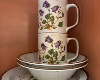 Hearthside Purple Bell Flower Themed Stoneware -2 Coffee Mugs, 2 Bowls, 3 Salad Plates