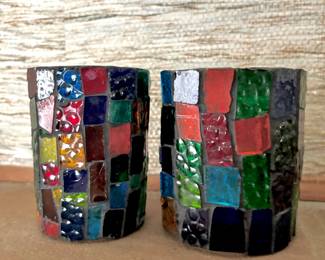 Pair of Mosaic Stained Glass Votive Candle Holders