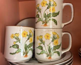 Hearthside Dandelion Themed Stoneware - 3 Coffee Mugs, 4 Salad Plates