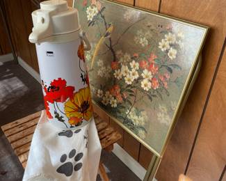 1970s Nobility Airpot Thermo Beverage Dispenser, MCM Folding TV Tray with Floral, Bird & Butterfly Design
