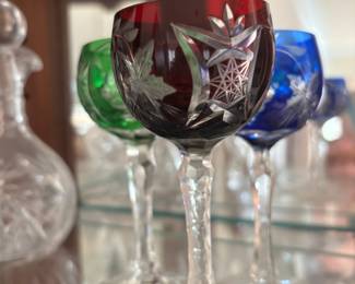 Set of 3 Bohemian Cut-To-Clear Colorful Crystal Wine Glasses