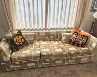 Mid Century Geometric Pattern Sofa, Latch Hook Throw Pillows