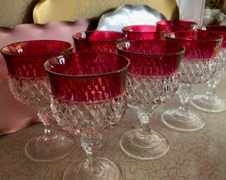 Set of 8 Cranberry Cut to Clear Goblets