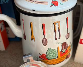 1960's Retro Enameled Percolator with Fun Kitchen Motif, TruTemp Refrigerator/Freezer Thermometer 