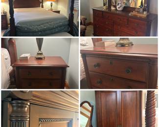 King size Bedroom set with chifforobe, dresser with mirrior, pIr of night stands and 4 poster bed.