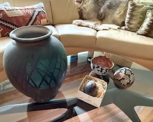 William K. Turner raku vase, volcanic egg (paperweight size), and unique egg shaped container