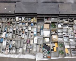 LOT OF 4 STEEL PARTS BINS WITH CONTENTS