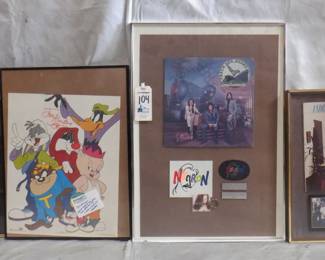 LOT FRAMED ARTWORK INCLUDING SIGNED LOONEY TUNES POSTER BY JOE ALASKEY, DON JOHNSON, ANDREW