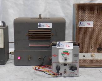 LOT VINTAGE ELECTRONICS INCLIUDING HEATHKIT VOLT METER, SENCORE TRANSISTOR CHECKER, OLSON SPEAKER, AND MORE