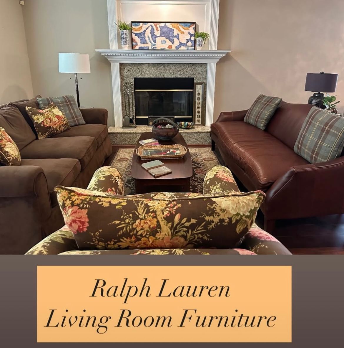 Ralph Lauren leather sofa, floral arm chair and brown sofa. All three are gorgeous!